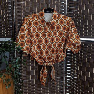 Cider Orange & Brown Retro 70s Tie Front Top (S)